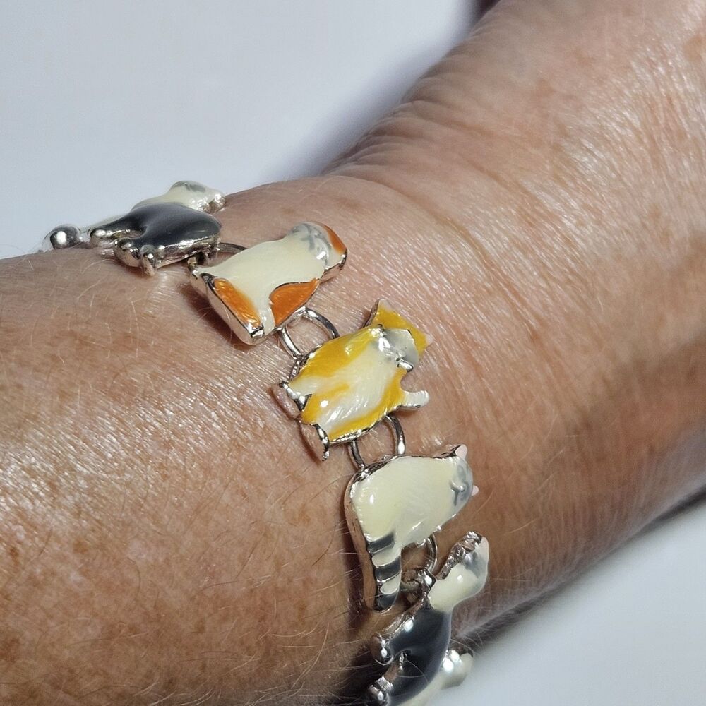 *Sale*Cat Bracelet Chain Link Magnetic Clasp Kitty Cat Kitten Calico Silver 7.5" - Picture 7 of 16